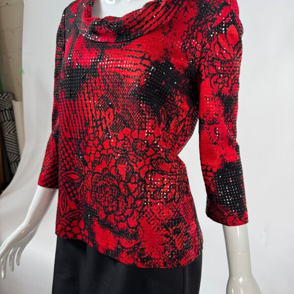 St. John Vintage Evening Red & Black Floral Sequin Knit Top Size Small - Picture 11 of 16